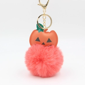 Halloween Pumpkin Plush Ball Keychain Faux Fur Bag Charm With PU Leather Jack-O'-Lantern Decoration Gold Ring For Women