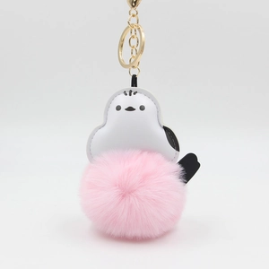 Cute long-tailed tit plush pompom keychain with white faux leather and pink faux fur