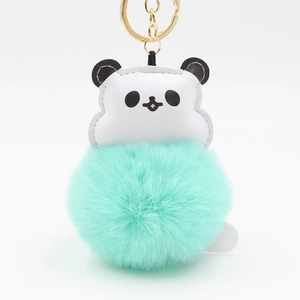 Creative Cartoon Panda PU Leather Pom Pom Keychain Plush Faux Fur Ball Bag Hanging Ornament For Women Car Key Ring