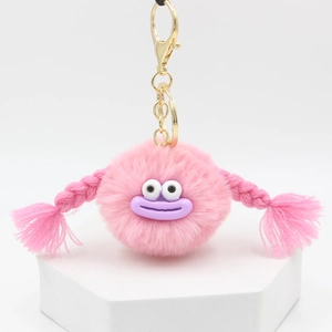 Funny Plush Monster Keychain With Big Sausage Mouth And Braids Cute Fuzzy Hairball Bag Charm Creative Key Ring Ornament