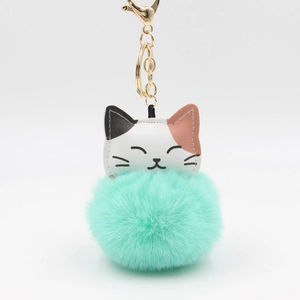 Cute cartoon maneki-neko plush pom pom keychain with mint green fur ball and gold clip
