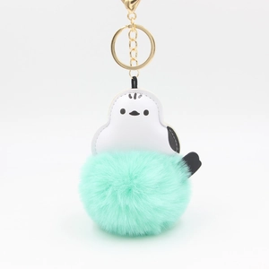 Cute penguin plush ball keychain with mint green faux fur and golden metal ring
