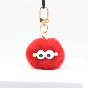 Cute red plush caterpillar ball keychain with big eyes and golden metal hook for bags