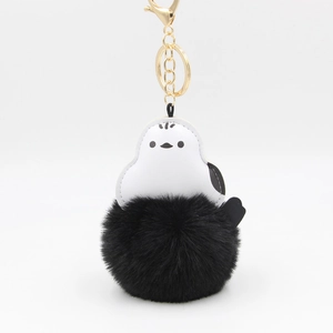 Cute bird plush pompom keychain with white PU leather and black fluffy fur ball charm