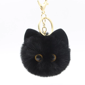 Cute Plush Cat Head Keychain Faux Fur Ball Bag Pendant Gold Alloy Lobster Clasp Animal Car Accessories For Women Girls