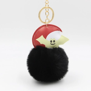 Halloween Bat Plush Ball Keychain Faux Fur Pom Pom Bag Pendant PU Leather Smile Bat Gold Metal Key Ring Charm For Women