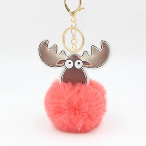 Rosa Schlüsselanhänger mit Kunstpelz-Pompon und Rentier-Motiv für Taschen-Deko
