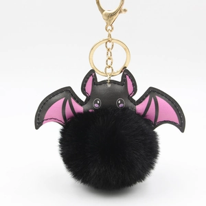 Halloween Bat Plush Ball Keychain Cute Faux Fur Pompom Bag Charm Car Key Ring Pendant For Women Party Gift Accessory