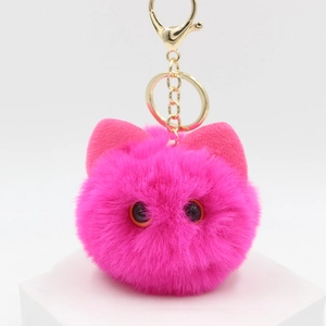 Creative rose pink plush cat pom pom keychain with gold lobster clasp for bags