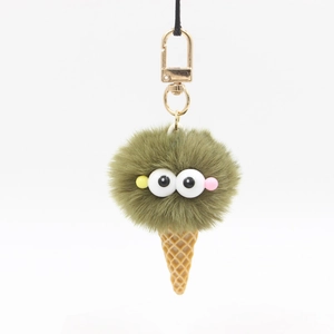 Creative army green plush ice cream keychain with big eyes and waffle cone design