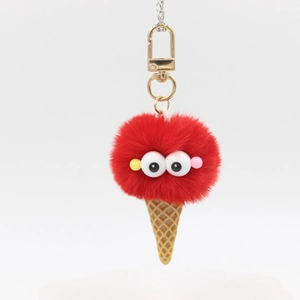 Cute red plush monster ice cream keychain with big eyes and gold metal hook accessory