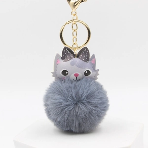 Cute Cartoon Cat Plush Ball Keychain With Polka Dot Bow Faux Fur Alloy Keyring Bag Charm For Women Girls Backpack Decoration