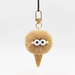 Creative ice cream plush keychain with brown faux fur ball and cute cartoon eyes