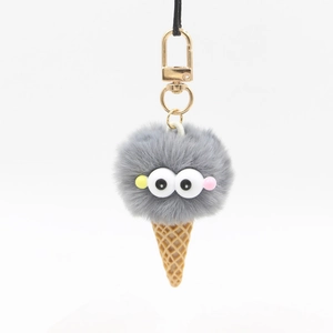 Detailed view of plush ice cream pendant with large eyes and golden metal clasp