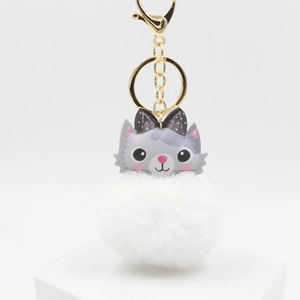 Detail of cute cat plush ball keychain with grey leather head and white fluffy pompom