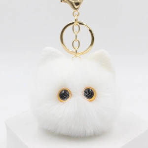 Cute white plush cat head keychain with soft faux fur and gold metal lobster clasp