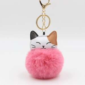 Cute cartoon cat keychain with pink faux fur pompom and golden lobster clasp