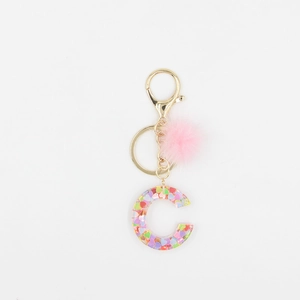 Porte-clés lettre C en fourrure rose avec paillettes et fermoir mousqueton doré