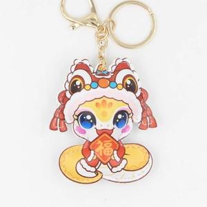Cartoon zodiac snake keychain with lion dance hat and Fu sign on white background