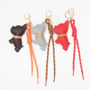 Mignon Porte-clés Bouledogue Français en Cuir PU Dessin Animé Pendentif Chien Cousu à la Main Avec Corde Tressée Fermoir Métal Or