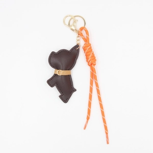 Porte-clés bouledogue en cuir marron avec corde tressée colorée et anneau doré