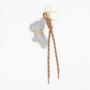 Porte-clés bouledogue français mignon en cuir gris avec cordelette et fermoir doré