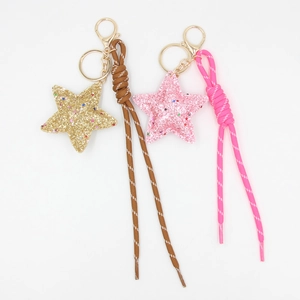 Glitter PU Leather Star Heart Keychain Cute Cartoon Braided Rope Keyring Women Bag Pendant Car Key Decoration Accessory