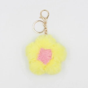 Porte-clés fleur en fausse fourrure avec cœur rose et mousqueton doré chic