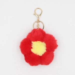 Porte-clés tournesol en peluche rouge et jaune avec fermoir en métal doré brillant