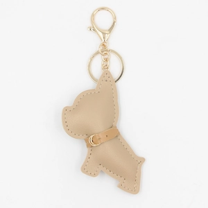 Portachiavi bulldog francese in pelle marrone con anello dorato e gancio a moschettone