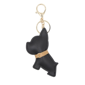 Simpatico portachiavi bulldog in pelle PU nera con anello in metallo dorato