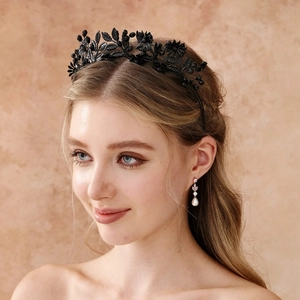 Gothic Vintage Halloween Crystal Flower Headband For Women Black Red Crystal Leaf Branch Crown Hair Accessory For Masquerade Party