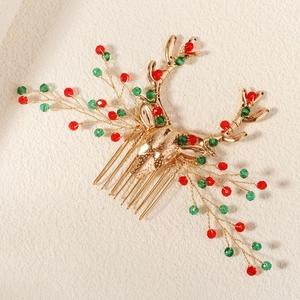 Golden Christmas reindeer hair comb with festive red and green crystal beads for women