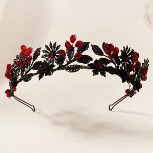 Gothic crown headpiece with black metal leaves and deep red crystals for Halloween
