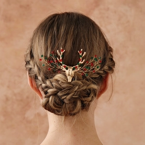 Christmas Reindeer Antler Hair Comb For Women Gold Alloy Red Green Rhinestone Party Prom Headpiece Handmade Hair Accessory