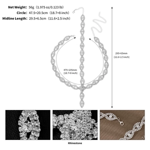 Detailed view of silver rhinestone hair chain with dimensions and lobster clasp close-up