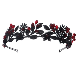Handmade gothic Halloween headband with black metal flowers and red crystal beads