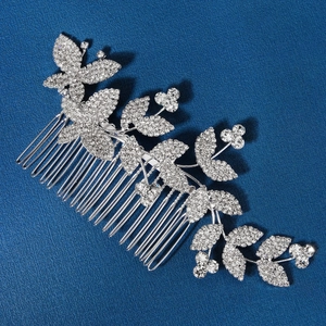 Détails du peigne à cheveux mariée avec strass argentés en forme de feuilles et papillon