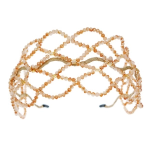 Detailed view of handmade amber crystal beaded headband with woven mesh structure