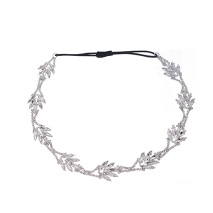 Serre-tête de mariée élégant avec feuilles de strass argentées et cristaux sur bande élastique