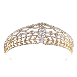 Detailed close-up of golden bridal tiara headband with sparkling clear rhinestones