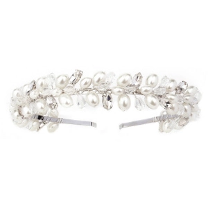 Macro detail of handmade floral headband with crystal beads and freshwater pearls