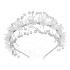 Close-up of handmade white silk floral headband with pearls and silver wire details