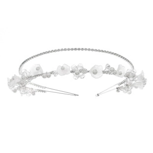 Detail of silver bridal headband with white fabric flowers, crystal beads and pearls