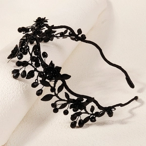 Gothic black flower crown with crystal beads for Halloween party and cosplay costume
