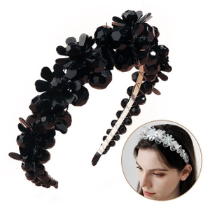 Detail of black floral headband with acrylic flowers and faceted beads for wedding hair