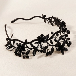 Gothic black floral crown headband with crystal beads for Halloween and themed parties