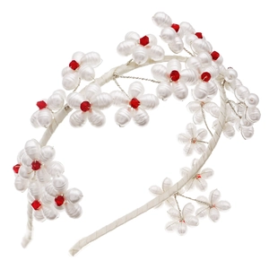 Elegant white pearl flower headband with red crystal accents and handmade beadwork