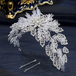 Luxury silver bridal headband with crystal floral leaves and matching hairpins