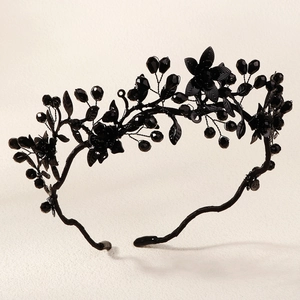 Gothic Black Floral Headband Metal Branch Crystal Crown For Halloween Party Masquerade Exaggerated Rhinestone Headpiece Women